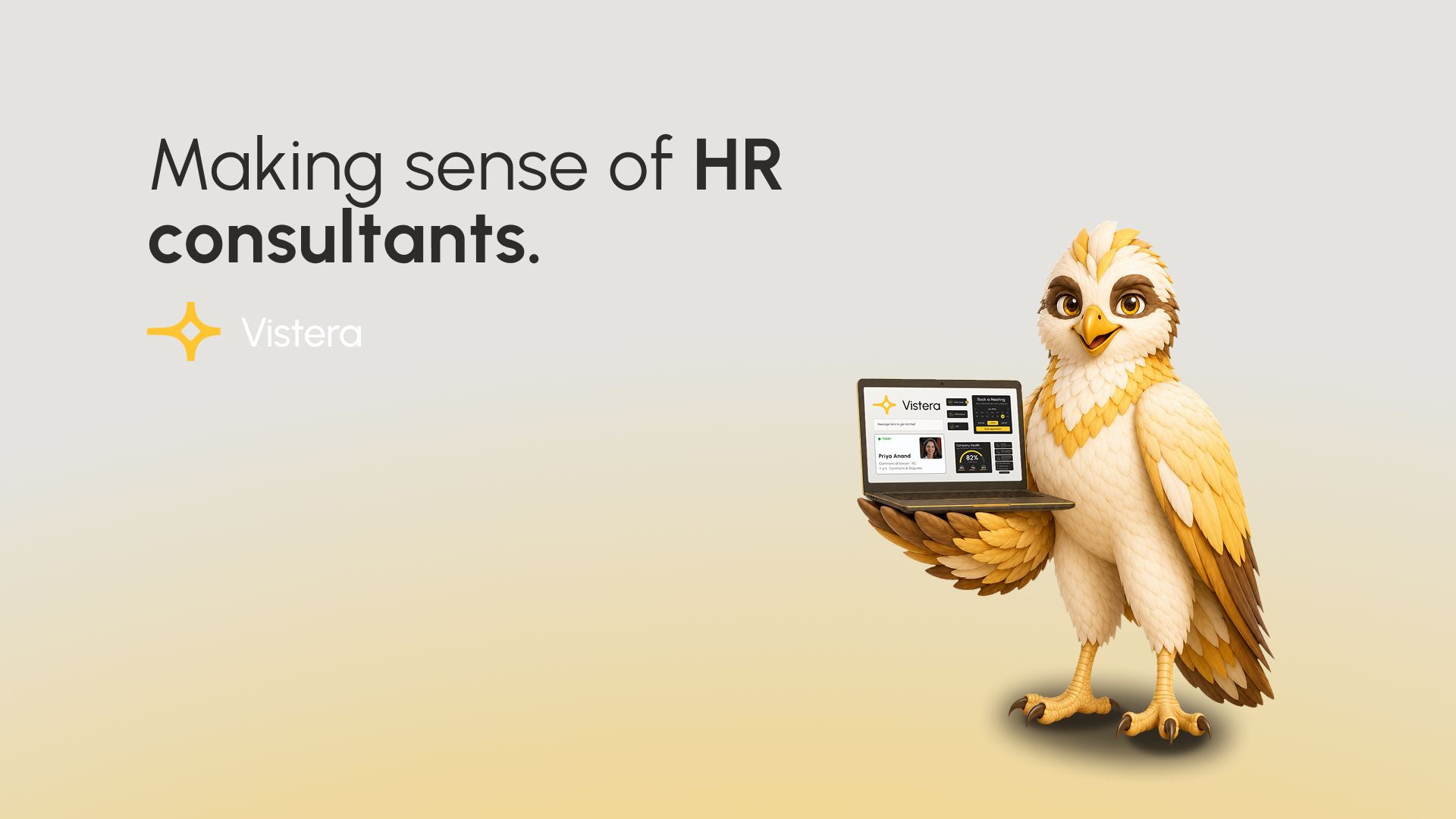 Vistera's Vero mascot holding a laptop with the Vistera product, on a slide titled "Making sense of HR consultants."